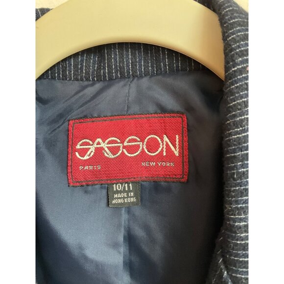 Vintage Sz Medium Sasson Pinstripe Blazer Navy Single Button Wool Bl Minimalist - Picture 3 of 12